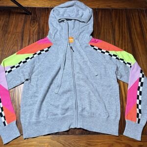 Wispr Brodie Gray Neon Checkered Sleeve Silk Zip Fun Cardigan Sweater S A1775